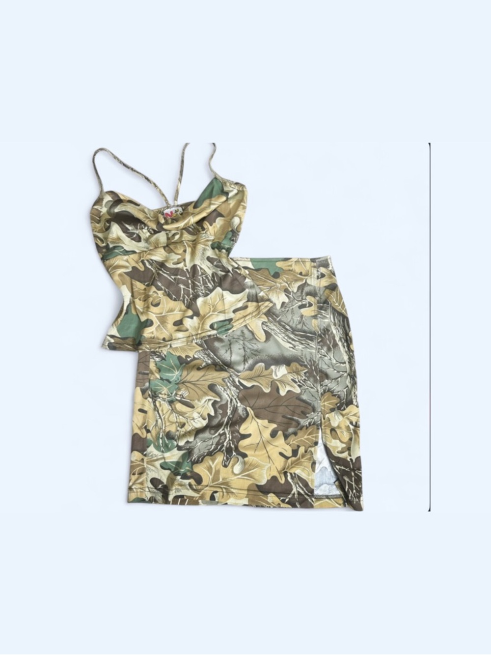 Vintage Camo Leaf Print Spaghetti Strap Skirt - Green/Brown